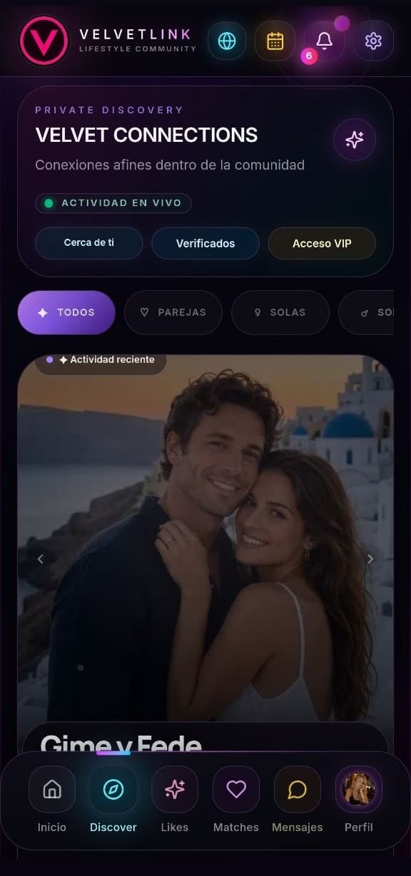 Pantalla Velvet Connections de VelvetLink: descubrimiento privado con filtros y perfiles verificados